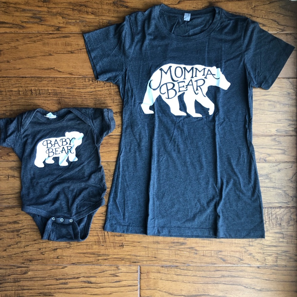 Bundle of Women’s graphic t shirt “mama bear” & “baby bear” onesie, charcoal